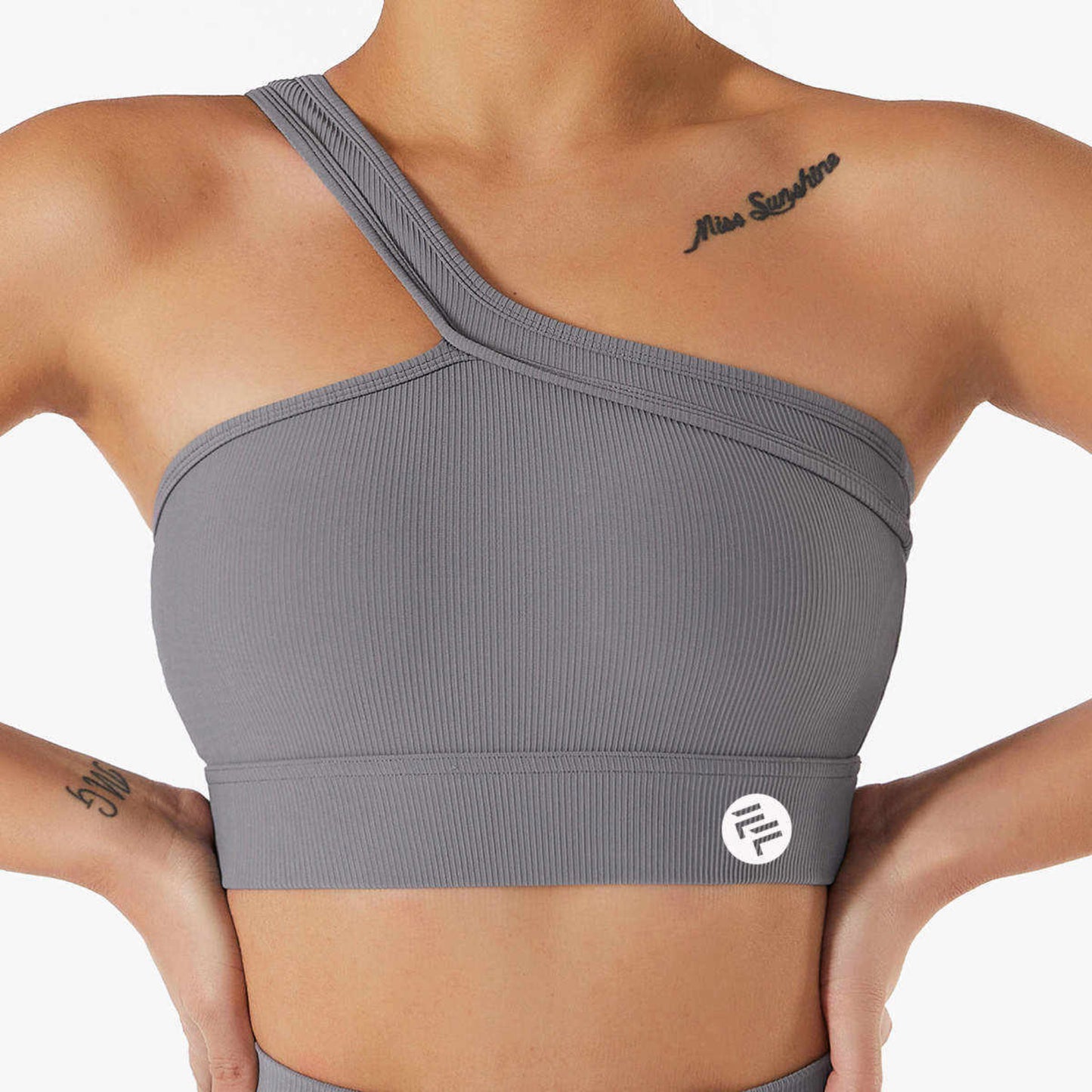 Grey off shoulder sports bra